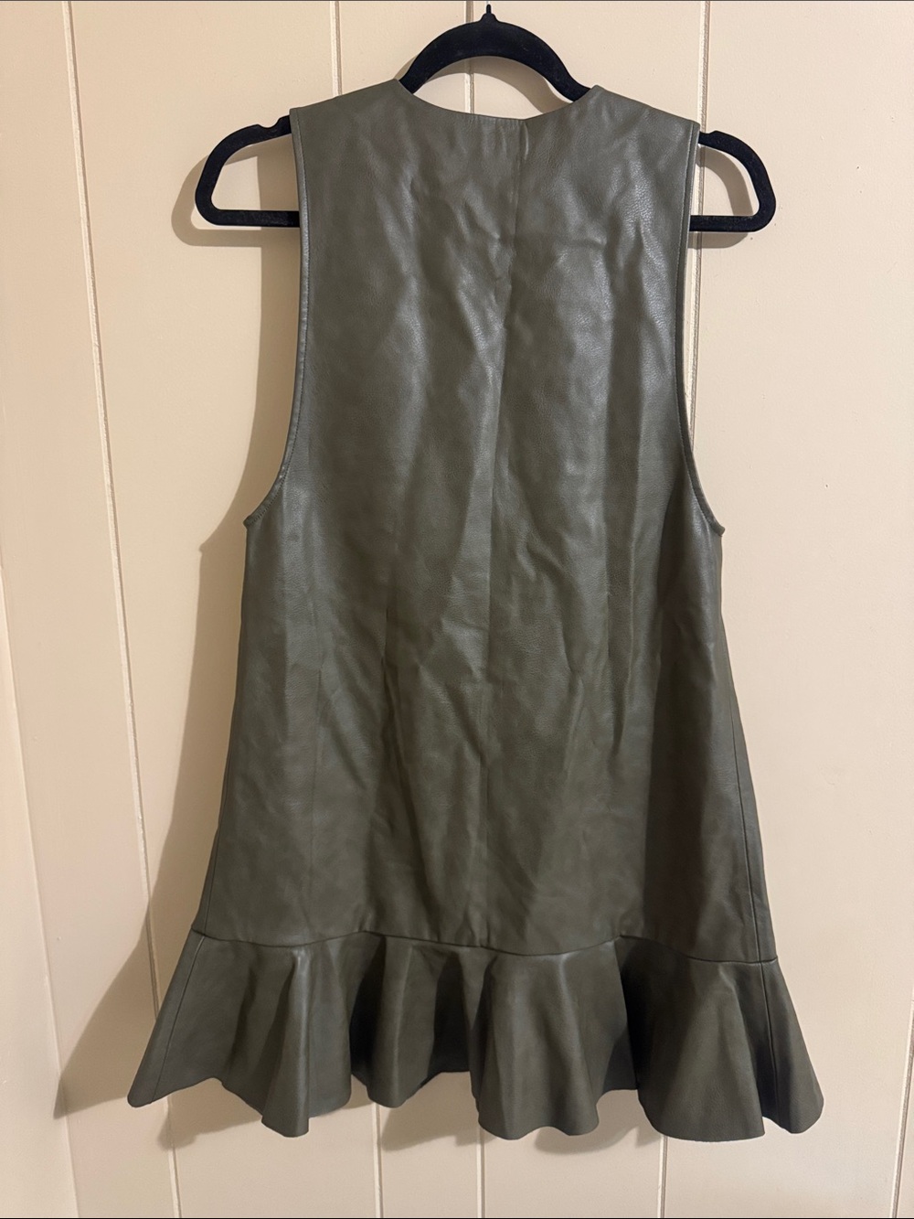 Zara Olive Green Faux Leather V-Neck Dress with Ruffle Hem - Picture 5 of 5